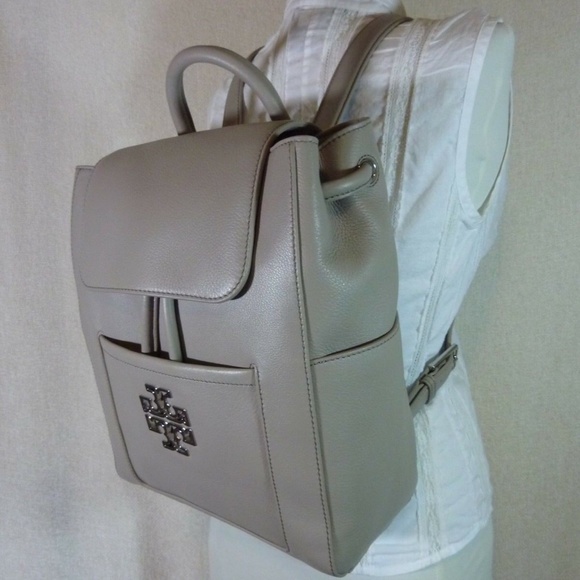 NEW Tory Burch Britten Gray Leather Backpack + Britten Continental Wallet